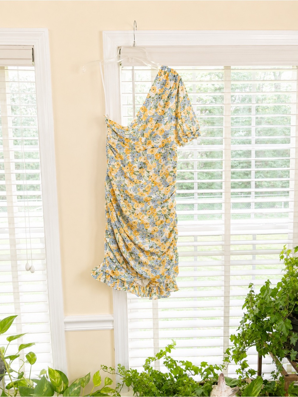 Hello Molly One-Shoulder Yellow and Blue Floral Ruffle Dress
